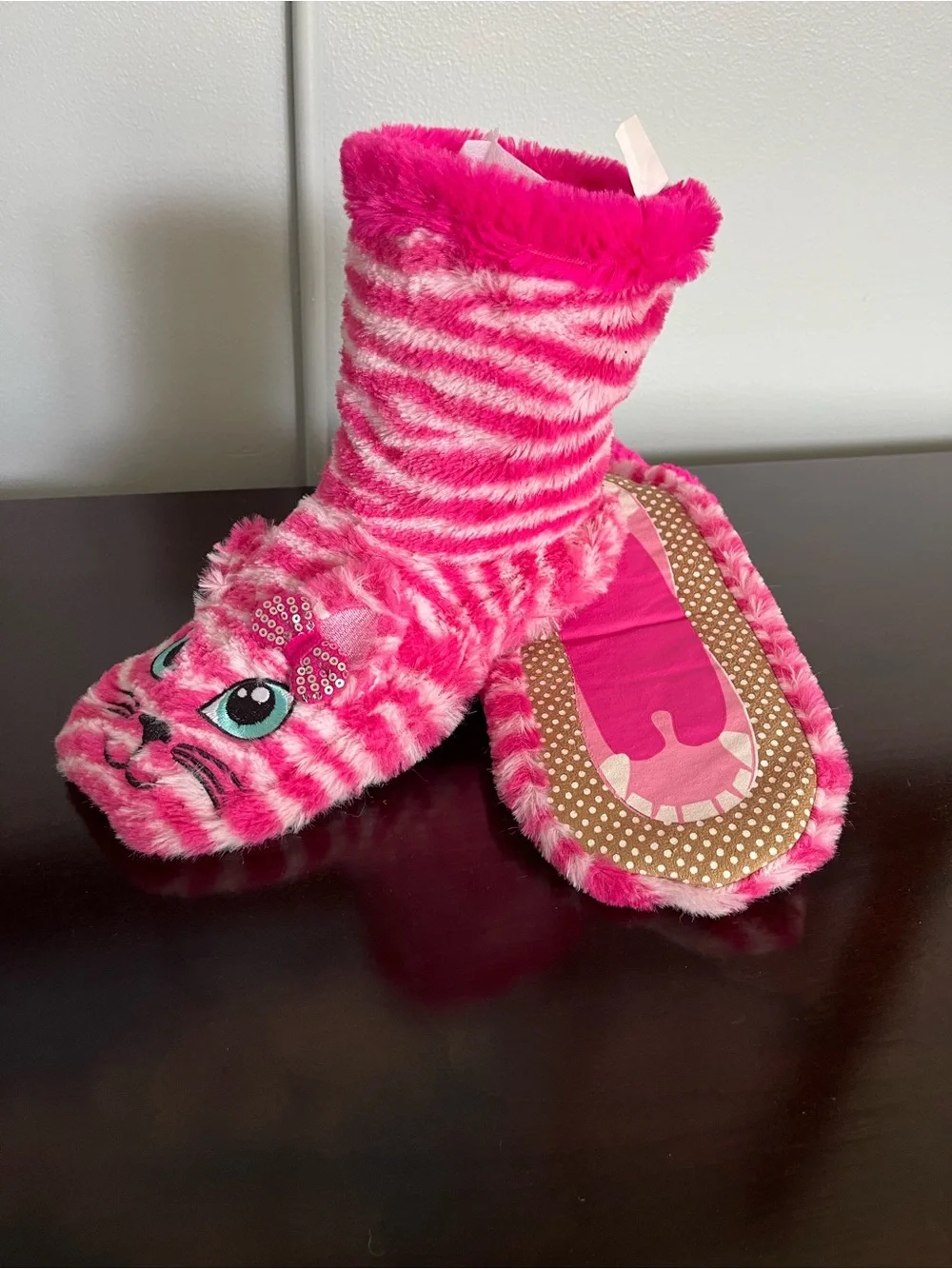 Fuzzy Pink Cat Slipper Socks for Kids - Cute Bow Detail